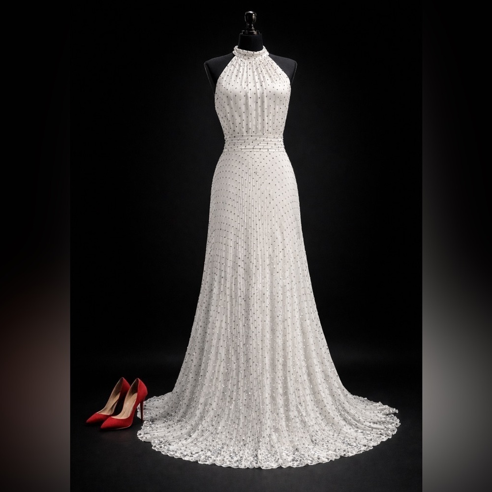 Alex Marie Polka Dot Pleated Lace Gown – Elegant White Maxi, Size 12